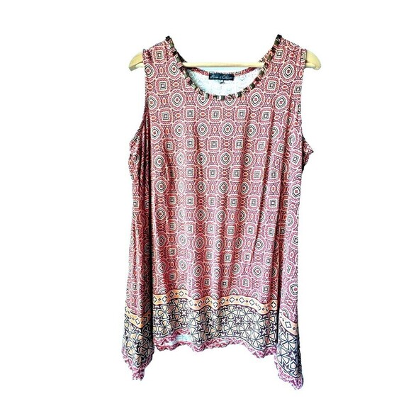 Womens sleeveless top bohemian geometric casual blouse orange red plus size 1x. - Picture 1 of 9